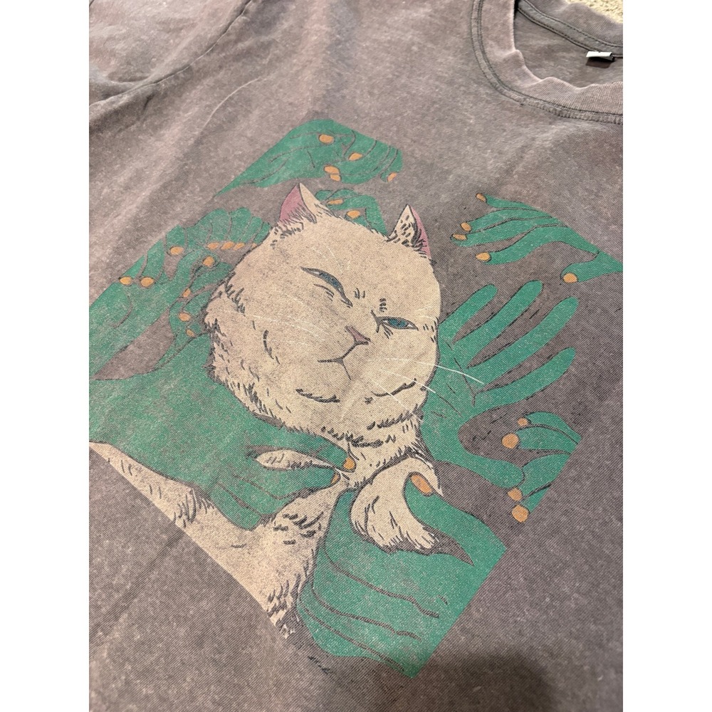 Vintage Style Cat Graphic Tee Mineral Wash Charcoal Grey Cotton T-Shirt Small